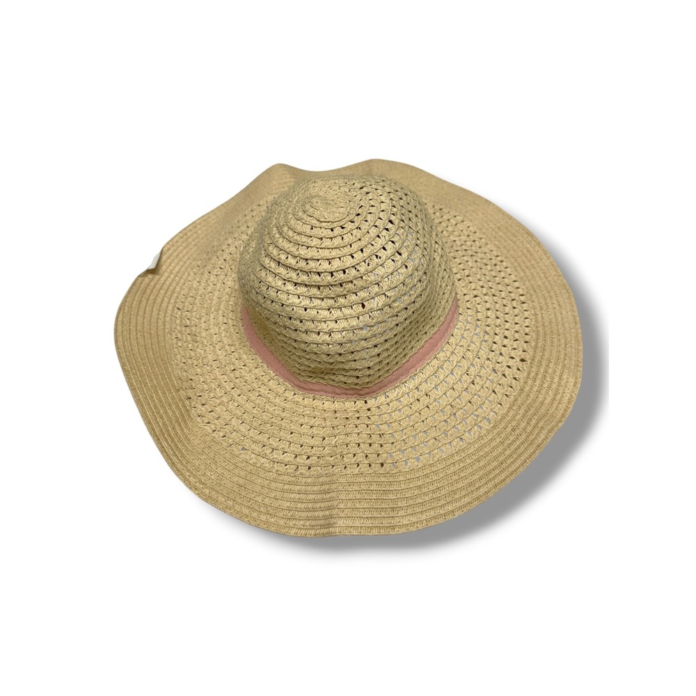 Old‎ Navy Girls Straw Sun Hat Wide Brim Tan Pink Ribbon Floppy Beach Hat S/P